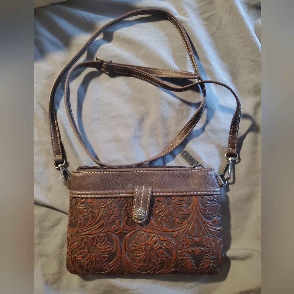 Wrangler Brown Embossed Leather Crossbody Bag